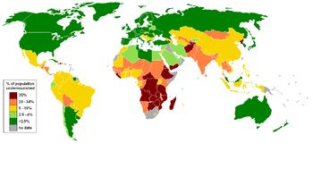 Percentage population undernourished world map